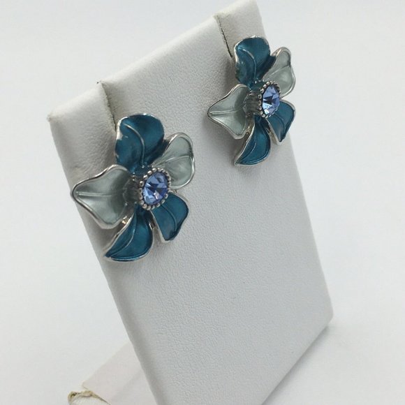Blue & Silver Enamel FLOWER EARRINGS, Lavender Purple CENTER RHINESTONE - Picture 4 of 6